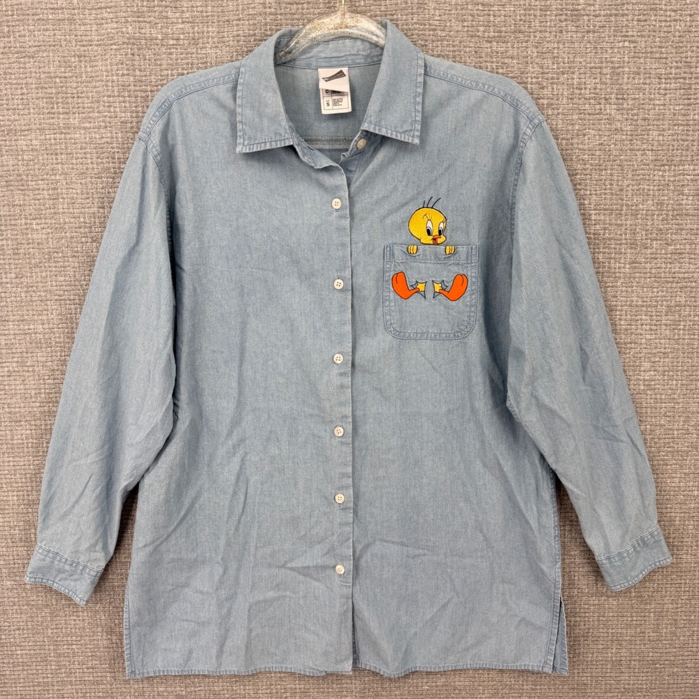 Vintage Warner Bros Tweety Bird‎ Denim Shirt Womens S Blue Embroidered Kidcore